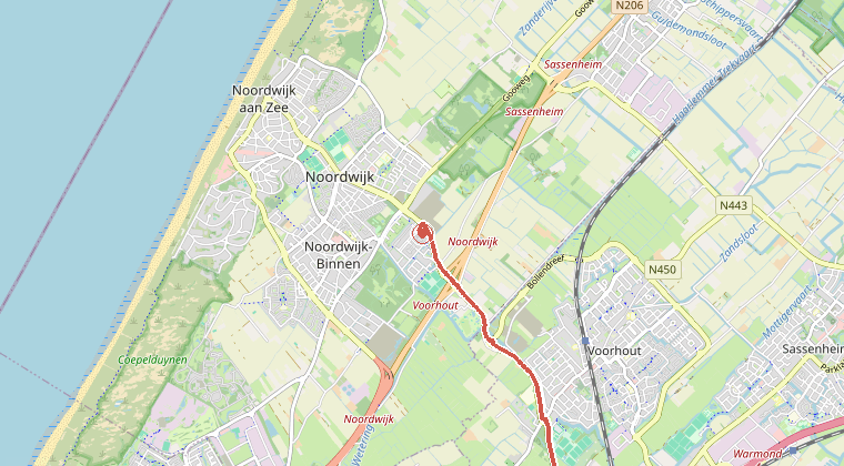 Kaart van de omgeving van de melding, met de kazerne die is gealarmeerd