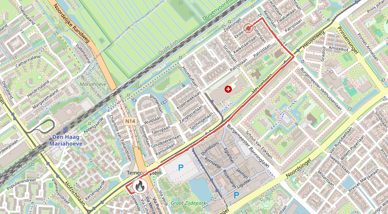 Kaart van de omgeving van de melding, met de kazerne die is gealarmeerd
