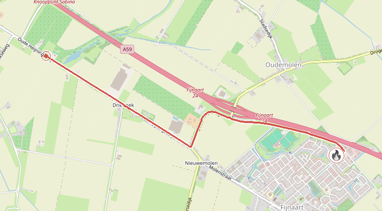 Kaart van de omgeving van de melding, met de kazerne die is gealarmeerd