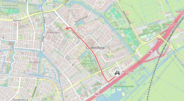 Kaart van de omgeving van de melding, met de kazerne die is gealarmeerd