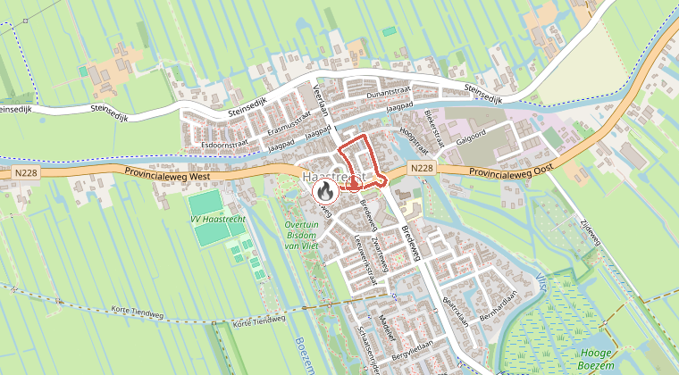 Kaart van de omgeving van de melding, met de kazerne die is gealarmeerd