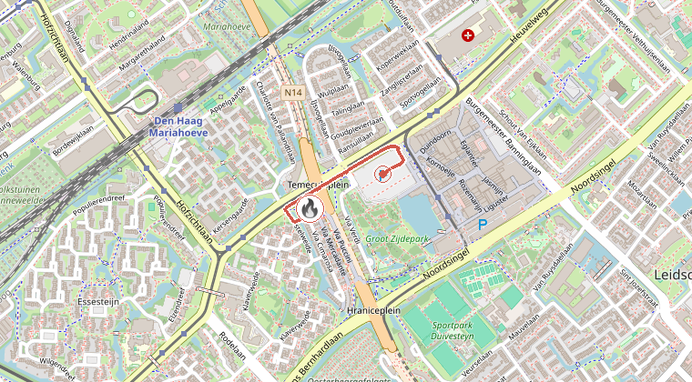 Kaart van de omgeving van de melding, met de kazerne die is gealarmeerd