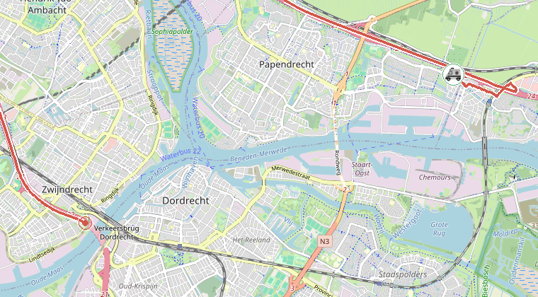 Kaart van de omgeving van de melding, met de kazerne die is gealarmeerd