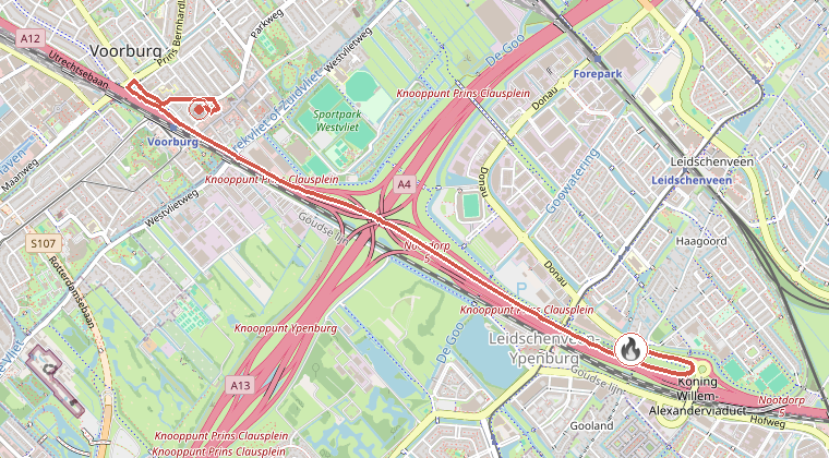 Kaart van de omgeving van de melding, met de kazerne die is gealarmeerd