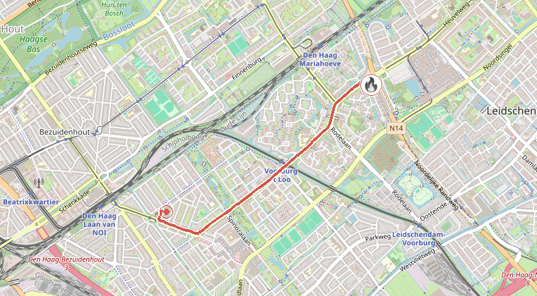 Kaart van de omgeving van de melding, met de kazerne die is gealarmeerd