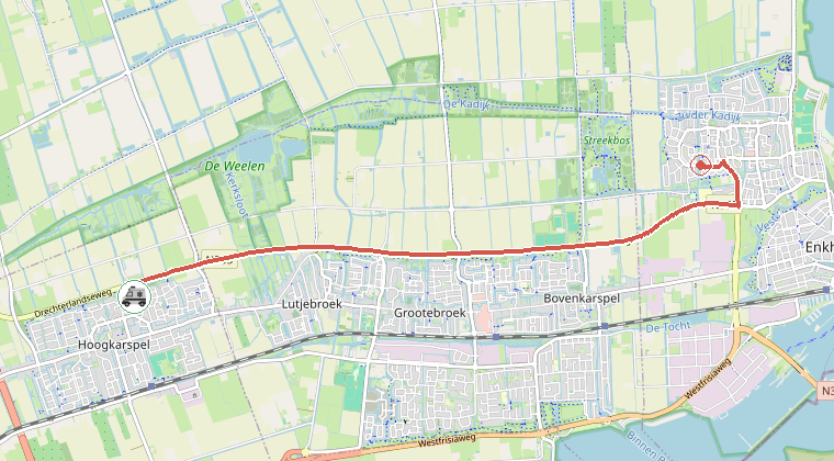 Kaart van de omgeving van de melding, met de kazerne die is gealarmeerd