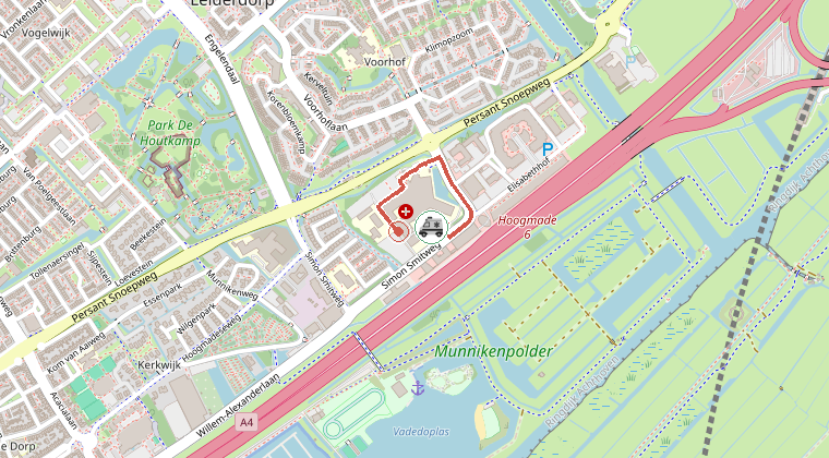 Kaart van de omgeving van de melding, met de kazerne die is gealarmeerd