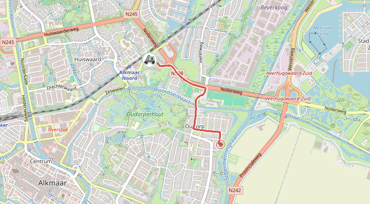 Kaart van de omgeving van de melding, met de kazerne die is gealarmeerd