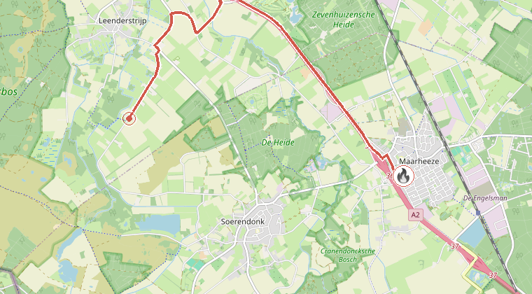 Kaart van de omgeving van de melding, met de kazerne die is gealarmeerd