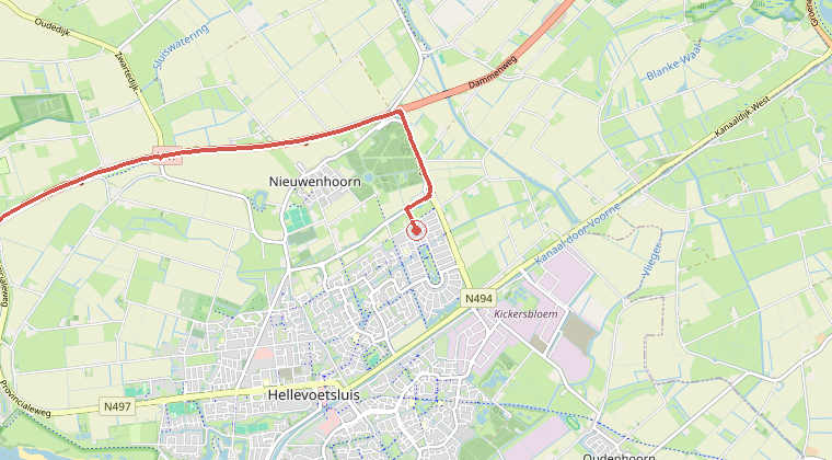 Kaart van de omgeving van de melding, met de kazerne die is gealarmeerd