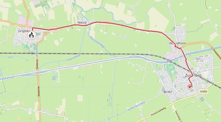 Kaart van de omgeving van de melding, met de kazerne die is gealarmeerd