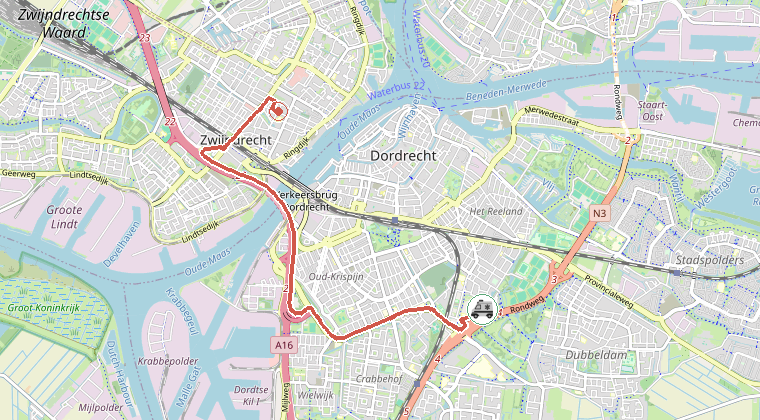 Kaart van de omgeving van de melding, met de kazerne die is gealarmeerd