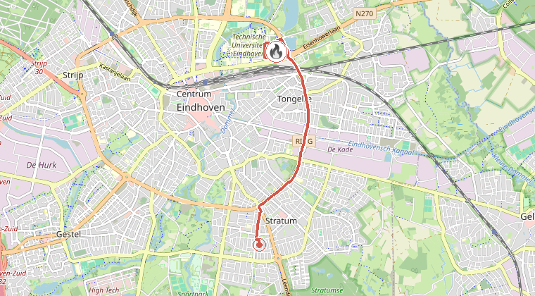 Kaart van de omgeving van de melding, met de kazerne die is gealarmeerd