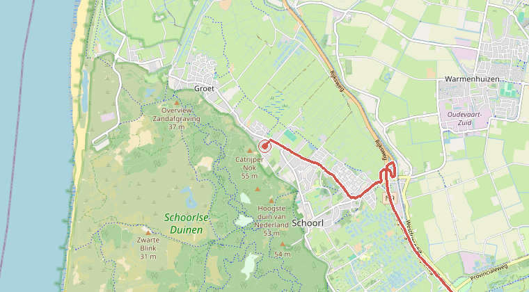 Kaart van de omgeving van de melding, met de kazerne die is gealarmeerd