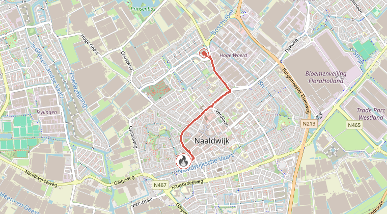 Kaart van de omgeving van de melding, met de kazerne die is gealarmeerd