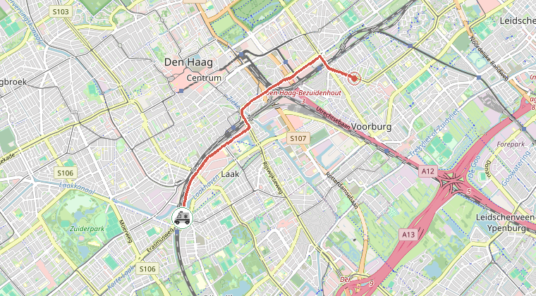 Kaart van de omgeving van de melding, met de kazerne die is gealarmeerd