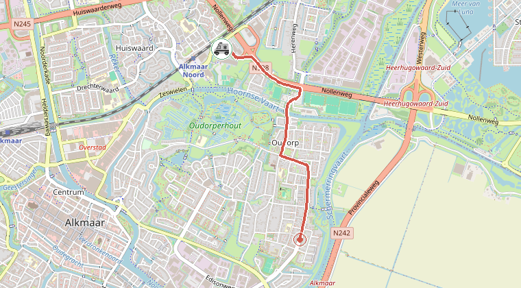 Kaart van de omgeving van de melding, met de kazerne die is gealarmeerd