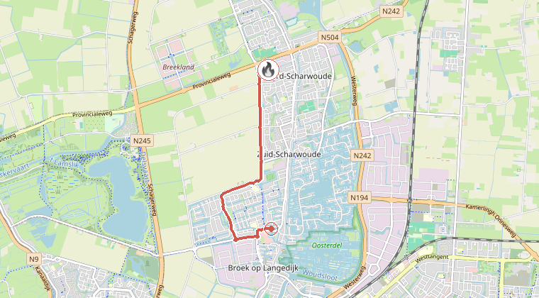 Kaart van de omgeving van de melding, met de kazerne die is gealarmeerd