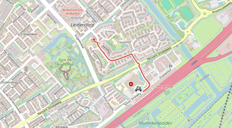 Kaart van de omgeving van de melding, met de kazerne die is gealarmeerd