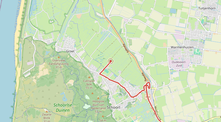 Kaart van de omgeving van de melding, met de kazerne die is gealarmeerd