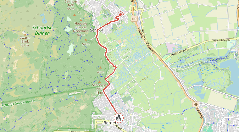 Kaart van de omgeving van de melding, met de kazerne die is gealarmeerd