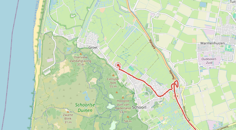 Kaart van de omgeving van de melding, met de kazerne die is gealarmeerd