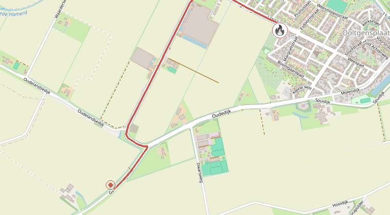 Kaart van de omgeving van de melding, met de kazerne die is gealarmeerd