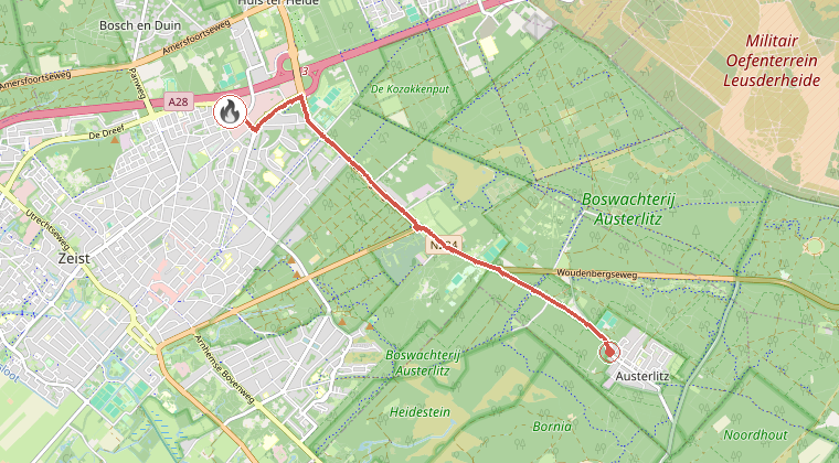 Kaart van de omgeving van de melding, met de kazerne die is gealarmeerd