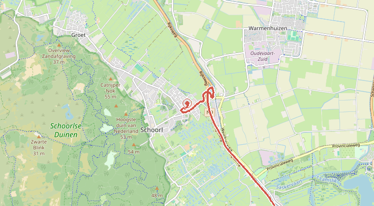 Kaart van de omgeving van de melding, met de kazerne die is gealarmeerd