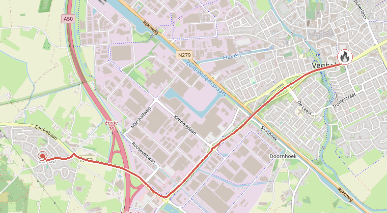 Kaart van de omgeving van de melding, met de kazerne die is gealarmeerd