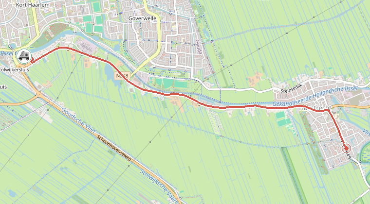 Kaart van de omgeving van de melding, met de kazerne die is gealarmeerd