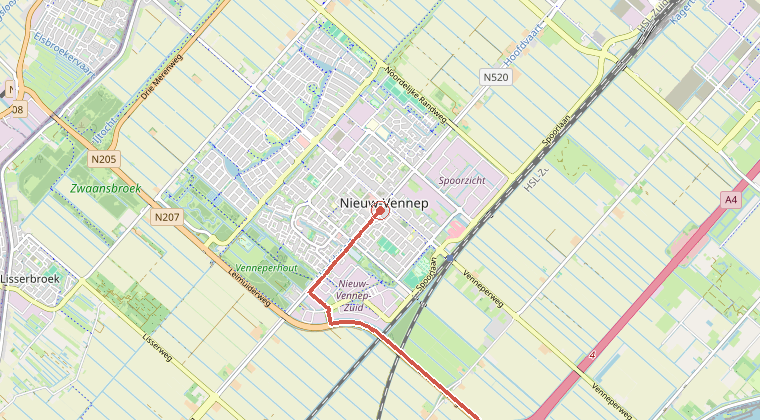 Kaart van de omgeving van de melding, met de kazerne die is gealarmeerd