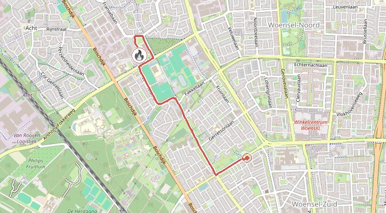 Kaart van de omgeving van de melding, met de kazerne die is gealarmeerd