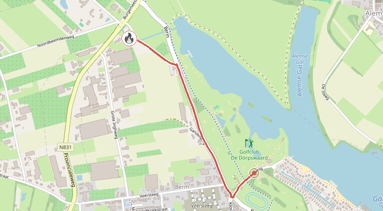 Kaart van de omgeving van de melding, met de kazerne die is gealarmeerd