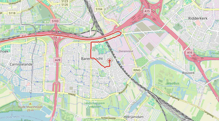 Kaart van de omgeving van de melding, met de kazerne die is gealarmeerd
