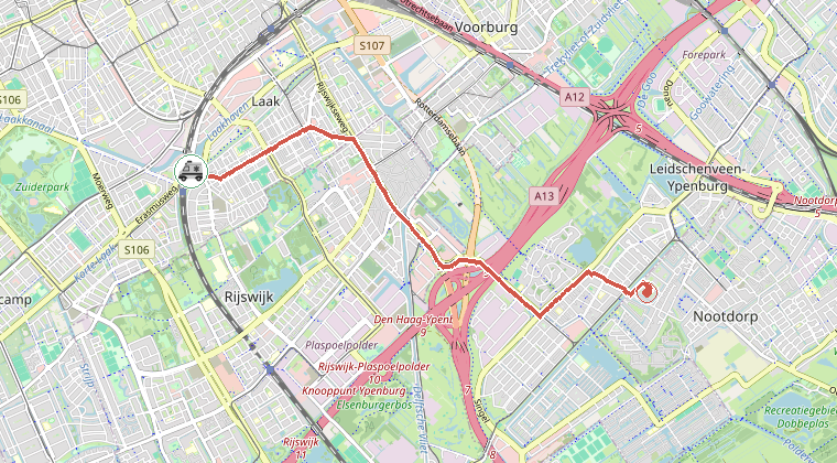 Kaart van de omgeving van de melding, met de kazerne die is gealarmeerd