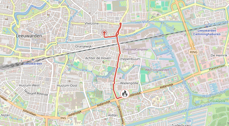 Kaart van de omgeving van de melding, met de kazerne die is gealarmeerd