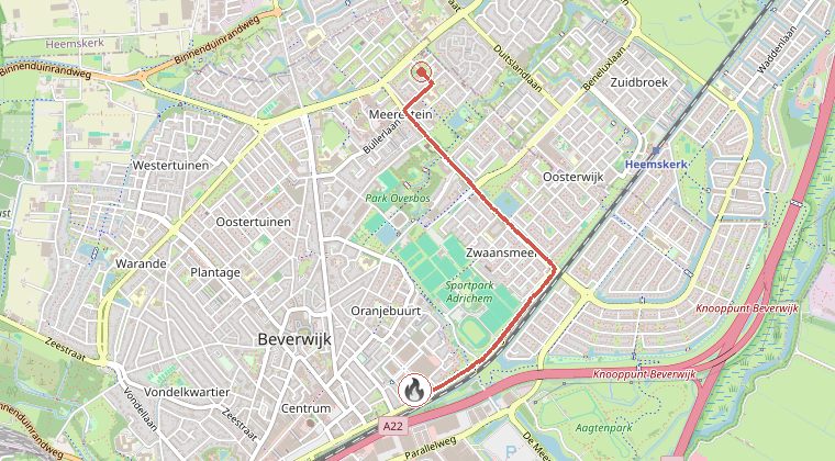 Kaart van de omgeving van de melding, met de kazerne die is gealarmeerd
