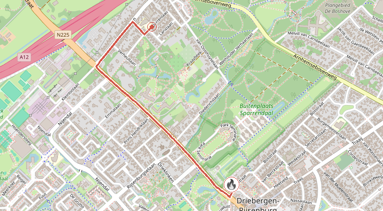 Kaart van de omgeving van de melding, met de kazerne die is gealarmeerd