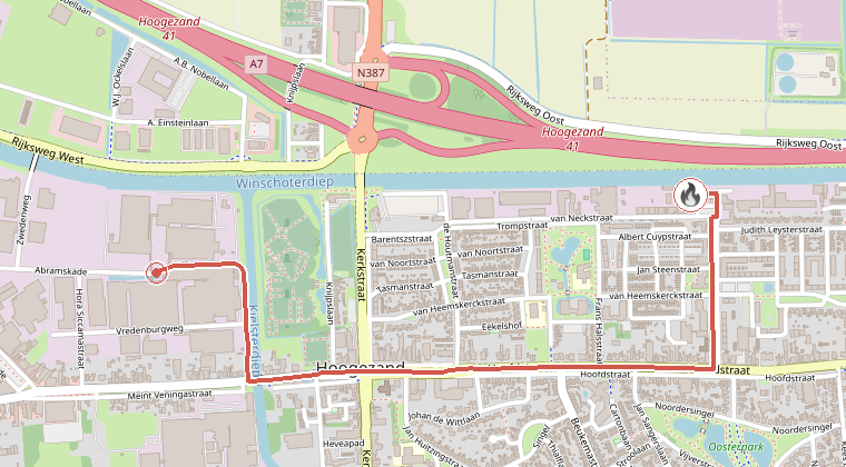 Kaart van de omgeving van de melding, met de kazerne die is gealarmeerd
