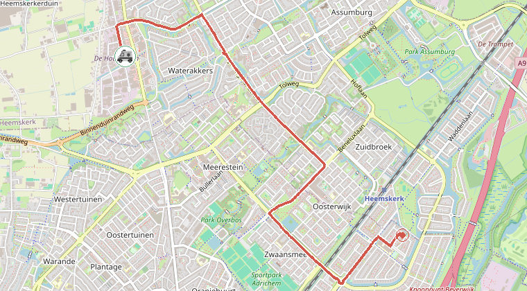Kaart van de omgeving van de melding, met de kazerne die is gealarmeerd