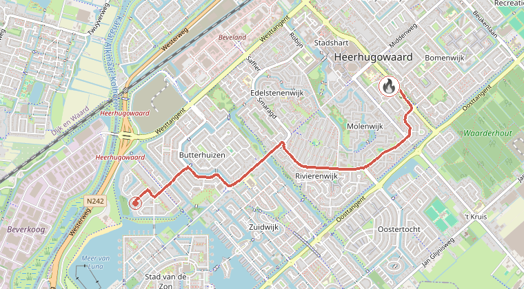 Kaart van de omgeving van de melding, met de kazerne die is gealarmeerd