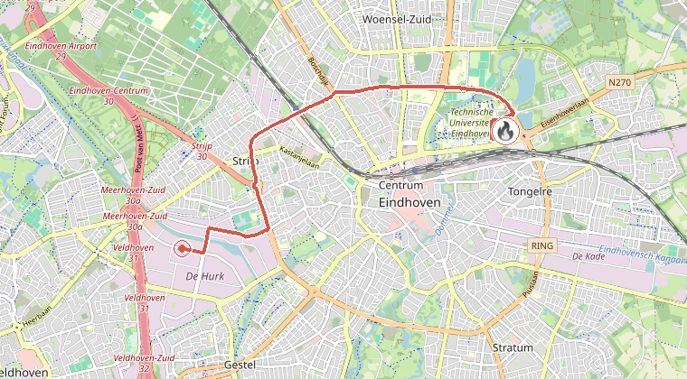 Kaart van de omgeving van de melding, met de kazerne die is gealarmeerd