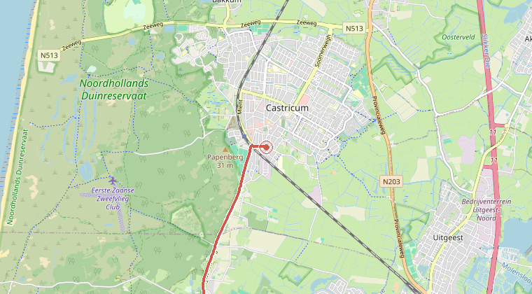 Kaart van de omgeving van de melding, met de kazerne die is gealarmeerd