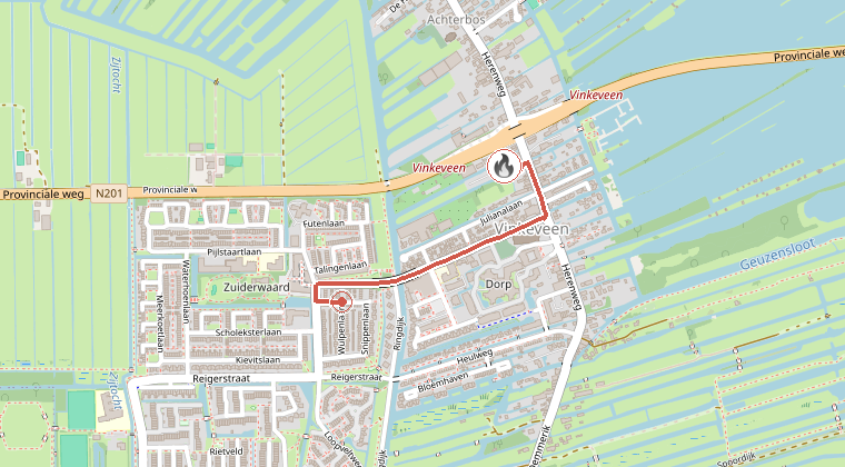 Kaart van de omgeving van de melding, met de kazerne die is gealarmeerd