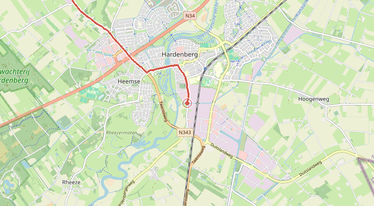 Kaart van de omgeving van de melding, met de kazerne die is gealarmeerd