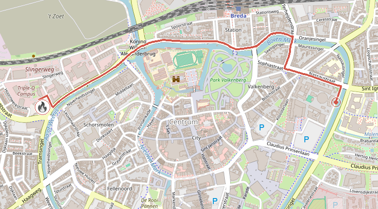 Kaart van de omgeving van de melding, met de kazerne die is gealarmeerd