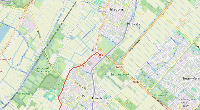 Kaart van de omgeving van de melding, met de kazerne die is gealarmeerd