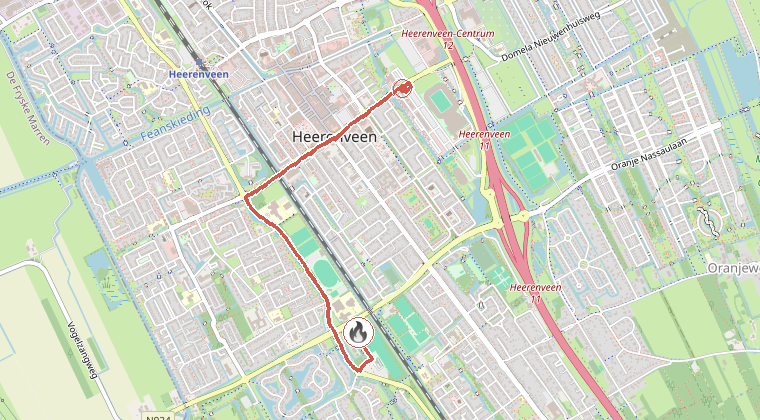 Kaart van de omgeving van de melding, met de kazerne die is gealarmeerd