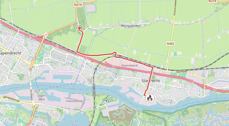 Kaart van de omgeving van de melding, met de kazerne die is gealarmeerd